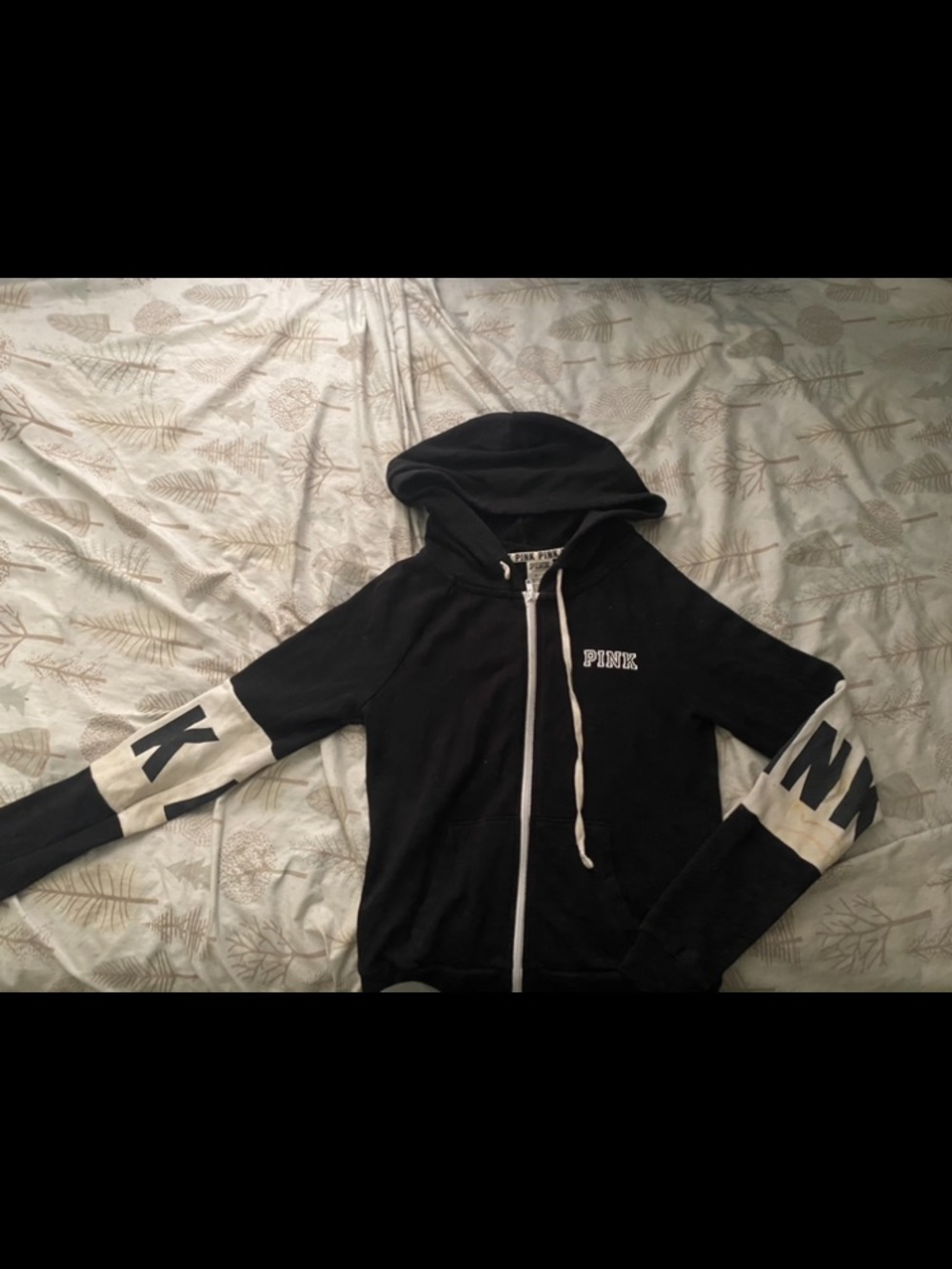 PINK Victoria's Secret Black Zip Hoodie with White Sleeve Panels